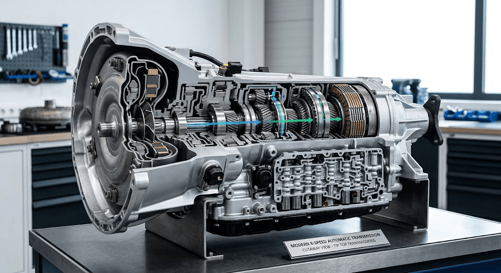 A detailed cutaway view of a modern longitudinal vehicle transmission, displaying internal components including planetary gears, clutches, and the hydraulic valve body. The transmission is mounted on a stand in a workshop environment for educational purposes.