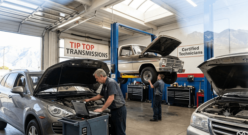 Inside a clean, well-equipped garage, mechanics work on vehicles with professional diagnostic tools. This Salt Lake City shop features certified technicians, emphasizing the importance of choosing a reliable auto mechanic shop